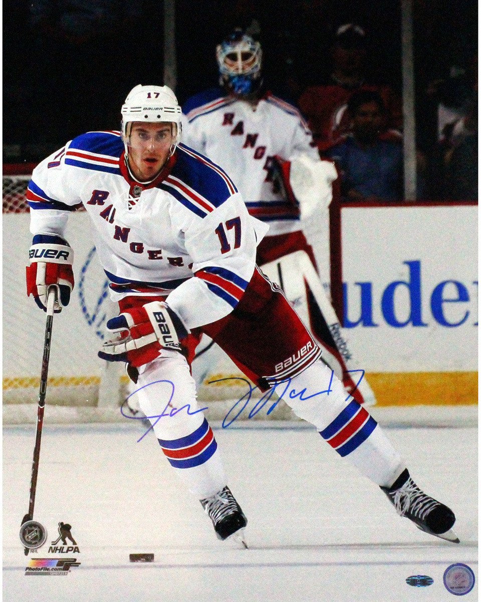 John Moore New York Rangers White Jersey Signed Vertical 16x20