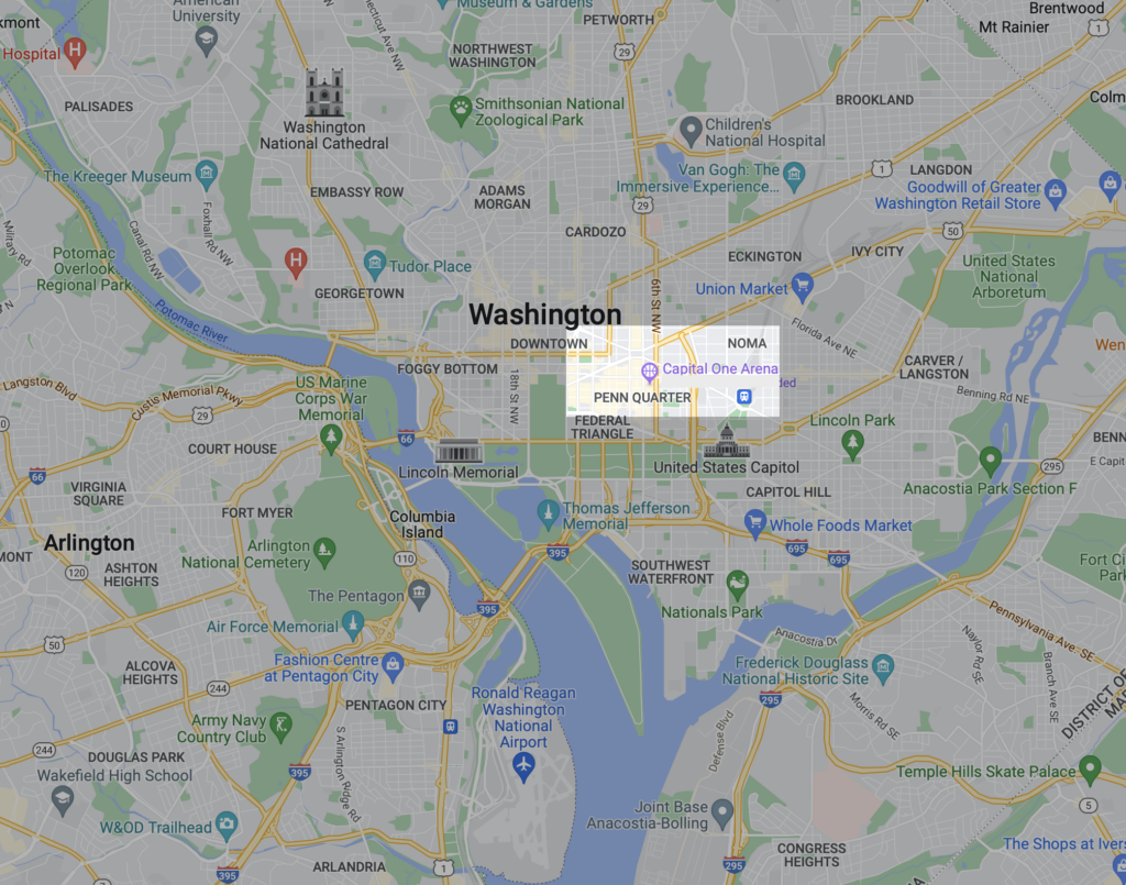 Shows area on a map of Washington, DC where a Table Hockey Festival is tentatively scheduled to take place in relationship to the Washington Capitals NHL arena.