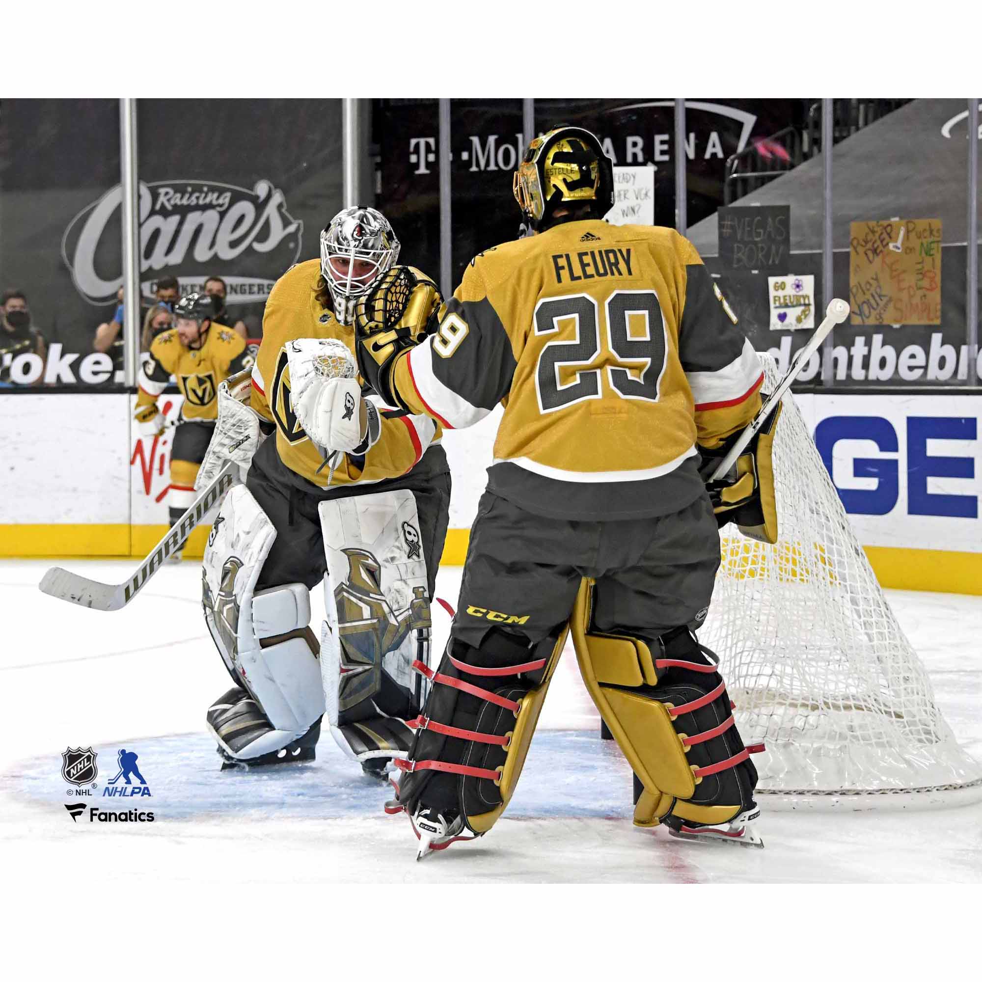 Marc-Andre Fleury and Robin Lehner Vegas Golden Knights Unsigned Gold Alternate Jersey Touching Gloves vs. Arizona Coyotes Photograph